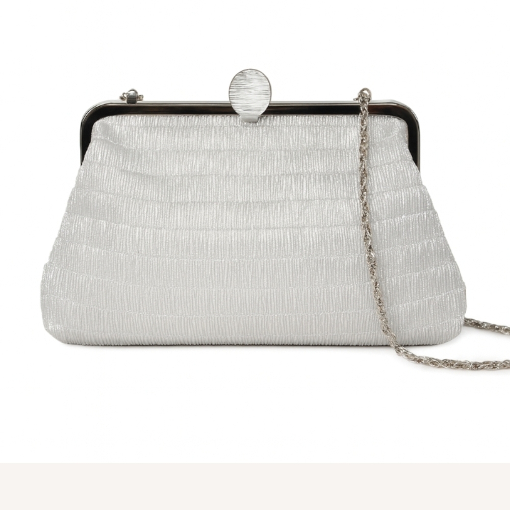 Vintage Silver Pleated Evening Clutch Purse Metallic Formal Bag Chain Strap